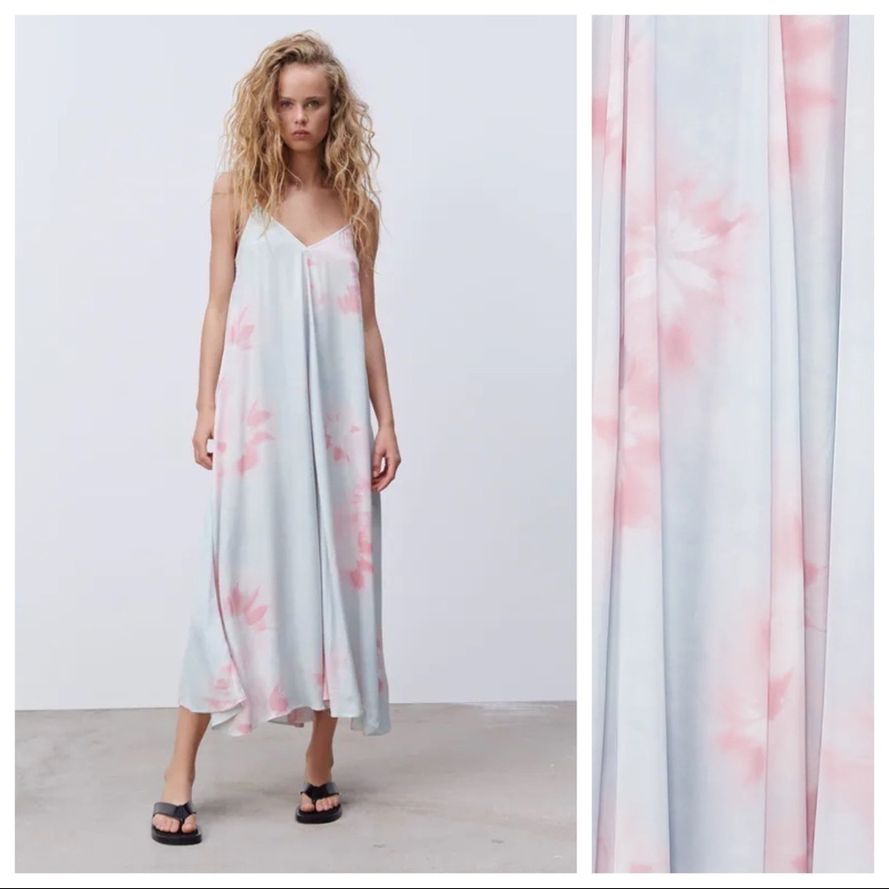 NWT. Zara Tie-Dye Satin Effect Midi Dress. Size XS.